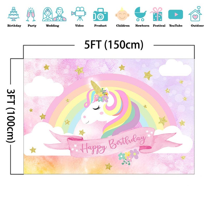 Avezano Unicorn Birthday Backdrop - Pink Rainbow Cloud Photography Background 5x3ft Cotton Unicorn Theme Birthday Party Backdrop - Image 4